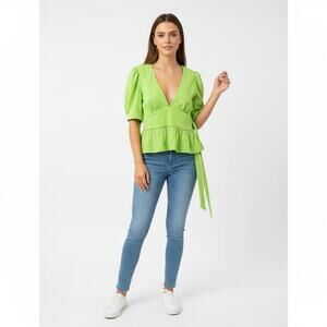 MOON RIVER Blouse Womens Small Lime Green Peplum Puff Sleeve V Neck Boho Chic